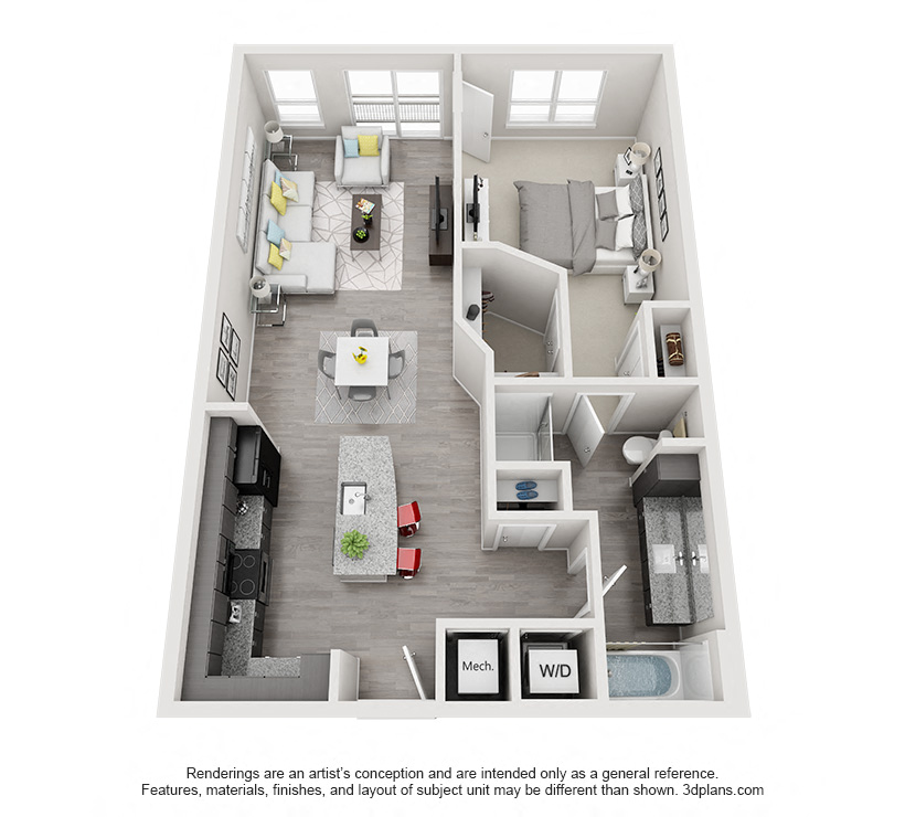 Floor plan for 1 bed, 1 bath, 900 sqft